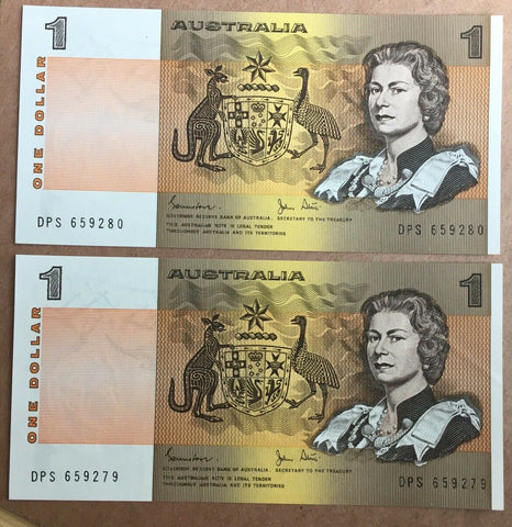 Australia 1982 R78L $1 Johnston/Stone Last Prefix Consecutive Pair Uncirculated