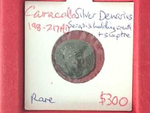 Carcalla Silver Denarius Rare Coin AD198-217 Serapis wreath and sceptre