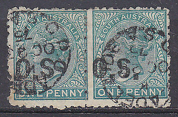 SA Australian States SG O43f 1d blue-green pair with No stop after S error Used