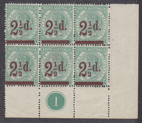 SA Australian States SG 233 2½d on 4d green with plate number in block of 6 MUH
