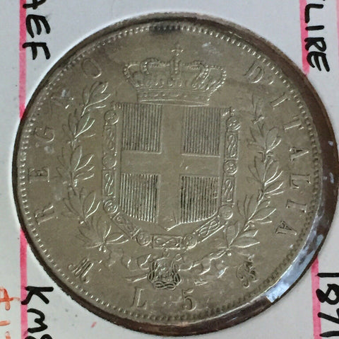 Italy 1871 M 5 Lire Silver Coin Extremely Fine