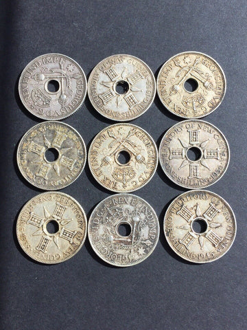 New Guinea 1935-1945 Silver Shillings 1/-Coins x 9
