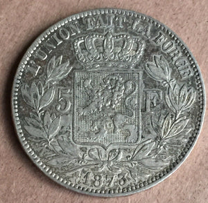 Belgium 1873 5 Francs Silver Coin Extremely Fine