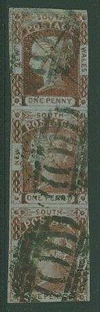 NSW Australian States SG 50 1d claret laureate in vertical strip of 3 Used