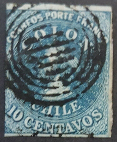 Chile 10 centavos blue Columbus SG 6 with 3 margins used