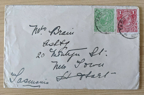 Australia Tambo Qld - Hobart KGV 1d red and ½d Green cover, Stamps Upside Down