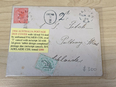 SA Australian States 1d QV, Palmer - Adelaide Australia 2d Postage Due affixed.