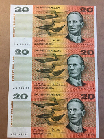 Australia 1979 $20 Knight Stone OCRB Serial Numbers R407b Uncirculated Run of 3