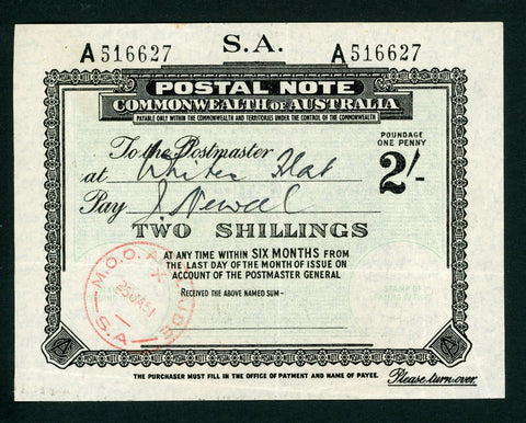 Australia South Australia 2/- Postal Note banknote postal stationery used 1951