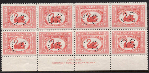 Australia SG 116a 11/2d Swan Ash imprint block of 8 MUH Stamps Perforated OS
