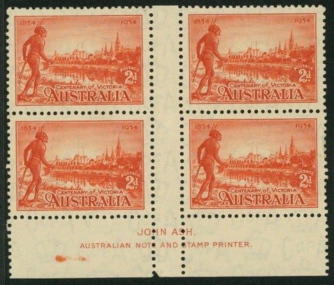 Australia SG 147 1934 2d Victoria Centenary Perf 10½  imprint block of 4 MUH Variety