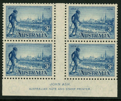 Australia BW152za SG 14 1934 3d Victoria Centenary Perf 10½  imprint block of 4 MLH Variety