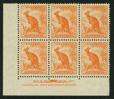 Australia BW 178zba SG 164 1/2d Kangaroo Perf 13.5 Imprint Block of 6 MUH