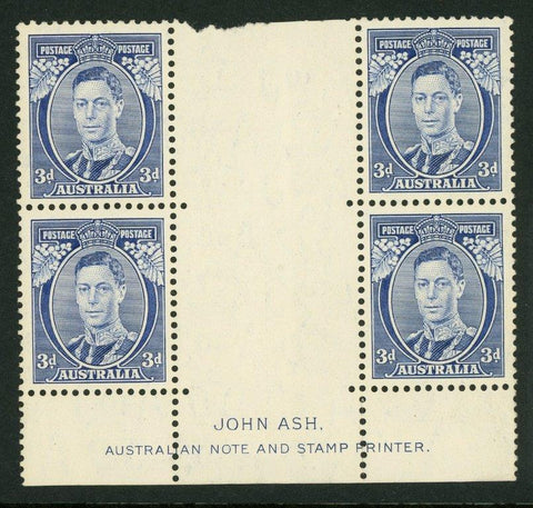 Australia SG 168b 3d Blue Die 1a KGVI imprint block of 4 MUH