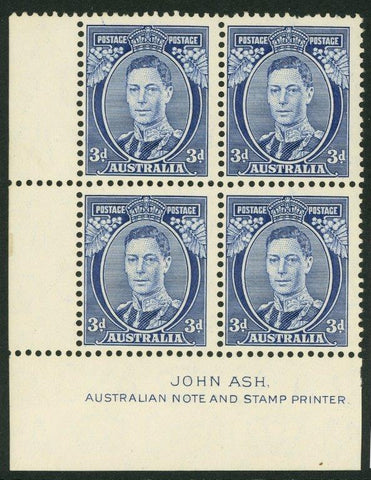 Australia SG 168c 3d Blue Die 2 thick paper  KGVI Ash Imprint block of 4 MLH