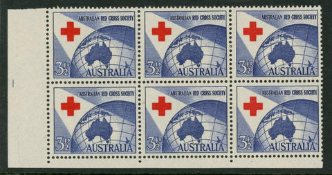 Australia SG 276 31/2d Red Cross Society Plate 1 Block of 6 MUH