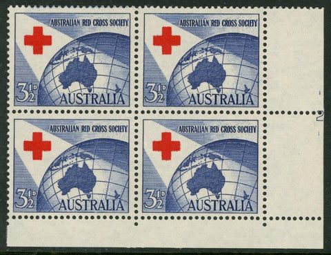 Australia SG 276 31/2d Red Cross Society Plate 2 Block of 4 MUH