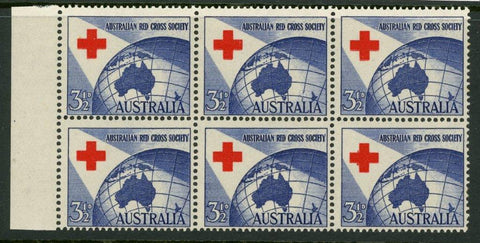 Australia BW312 31/2d Red Cross Society "Faulty Cross variety" Block of 6 MUH