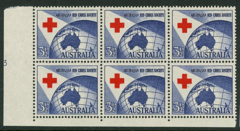 Australia BW312zj 31/2d Red Cross Society Plate 3 no dots Block of 6 MUH