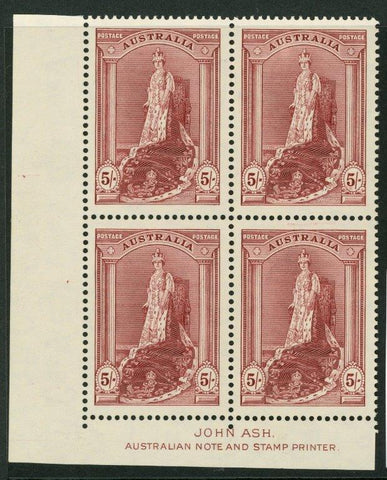 Australia SG 176  Robes thick paper 5/-  Ash imprint block of 4. MUH re-entry