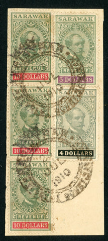 Malayan States Sarawak $10 $5 $4 Revenue Stamps on Piece