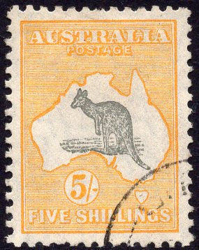Australia SG 111 5/-  Kangaroo Small Multiple Watermark CTO used map animals