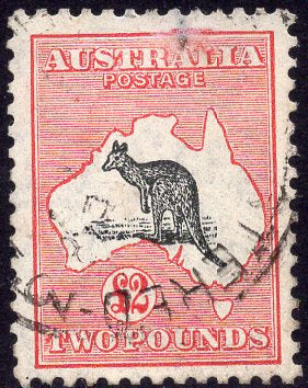 Australia SG 138 £2 Black & Rose Kangaroo C of A Watermark FU Stamp