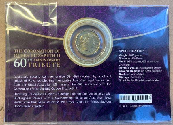 Australia 2013 $2 Coloured coin for 60th Anniversary of the Coronation of Her Majesty Queen Elizabeth ll, no mintmark. Uncirculated Coin