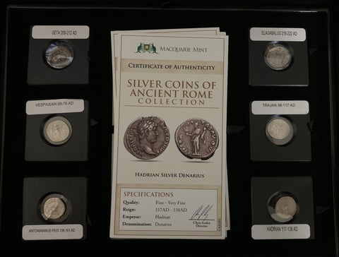 Roman Set of 12 Silver Denarius Coins in Display Box with Certificates