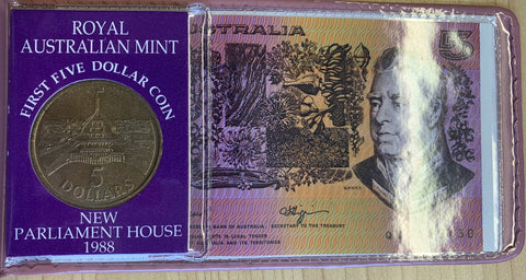 Australia 1988 $5 Paper & $5 Parliament House Coin Folder