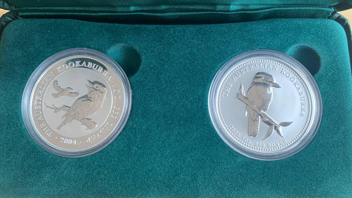 Australia 2004 & 2005 Perth Mint $1 Kookaburra 1oz 999 Silver Coins 