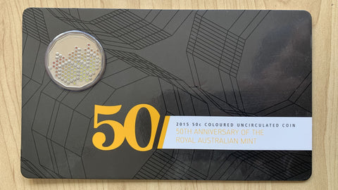 Australia 2015 Royal Australian Mint Fifty Cents 50c 50th Anniversary of RAM coloured 50 Cent Carded Uncirculated Coin