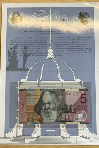 Australia 2001 Federation $5 Polymer Uncirculated Banknote Folder.