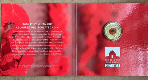 2018 Royal Australian Mint $2 Remembrance Day C Mintmark Coloured Coin