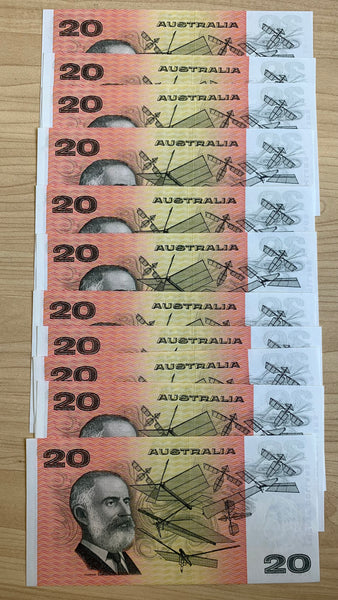 Australia 1974 $20 Phillips Wheeler Consecutive Run of 11 Banknotes Uncirculated R405