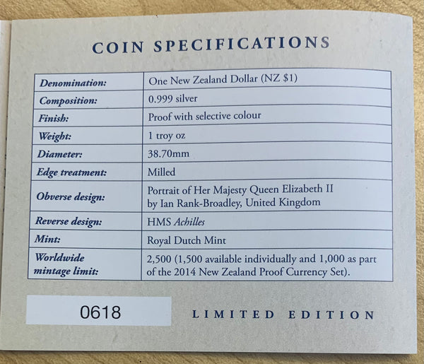 NZ New Zealand Mint 2014 $1 HMS Achilles 1oz .999 Proof Silver Coin