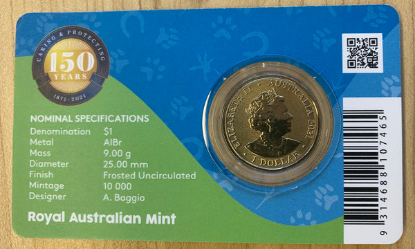 2021 Australia Coloured  $1 RSPCA carded Royal Australian Mint Uncirculated Coin.