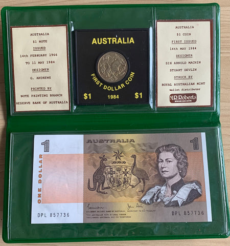 Australia 1984 Last $1 Note & First $1 Coin Roberts Folder
