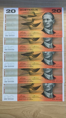 Australia 1974 $20 Phillips Wheeler Consecutive Run of 5 Banknotes R405