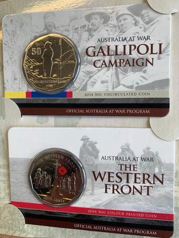 Australia 2014 - 2016 Royal Australian Mint Fifty Cents 50c Australians at War set of 18 Mint Coins on cards as issued