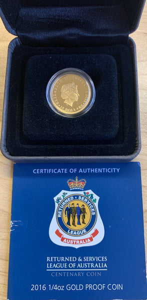 Australia 2016 Perth Mint Returned & Services League of Australia  1/4oz .9999 Proof Gold Coin