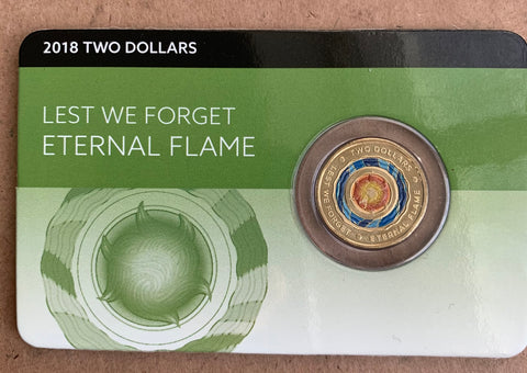 2018 Australia $2 Lest We Forget Eternal Flame Coloured Carded Uncirculated Coin