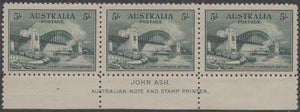 Australia SG 143 5/- Five Shilling Sydney Harbour Bridge Imprint Strip of 3 Mint Stamps