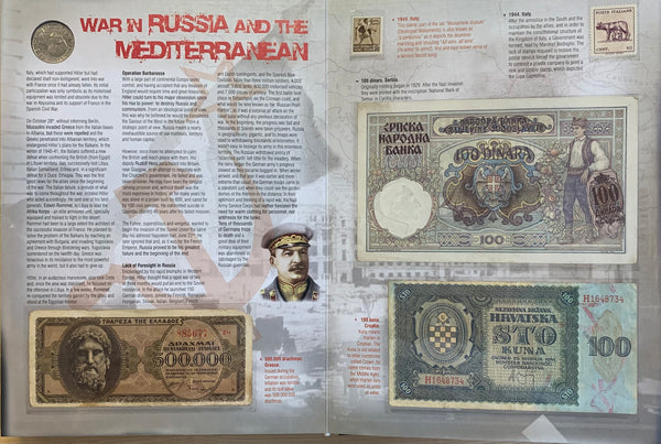 World War II Collection of Banknotes, Stamps and Coins in 20 page Book