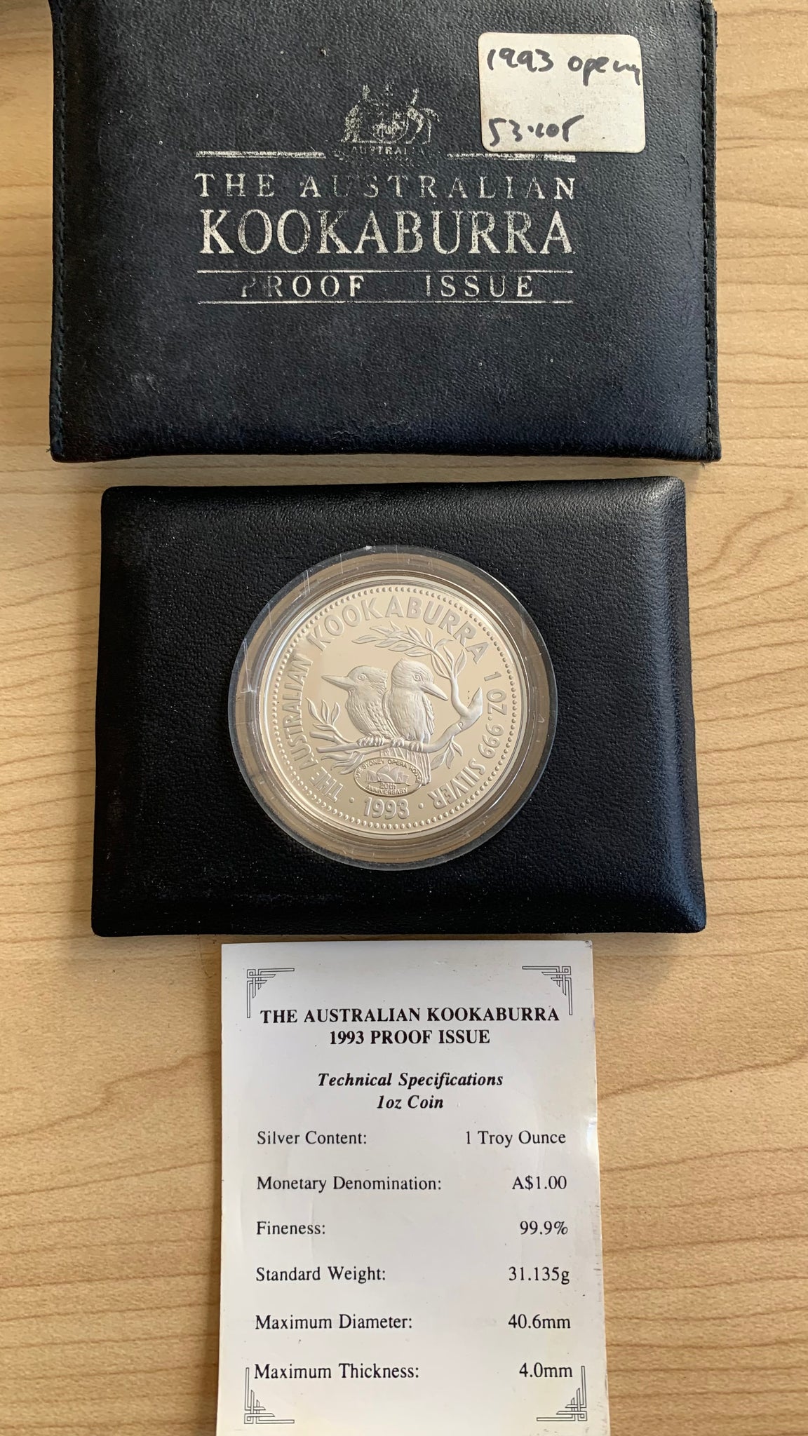 Australia 1993 Perth Mint $1 Kookaburra 1oz Silver Proof Coin Opera Privy Mark