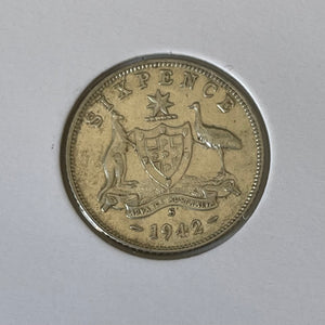 Australia 1942S 6d Sixpence Silver about Uncirculated Condition