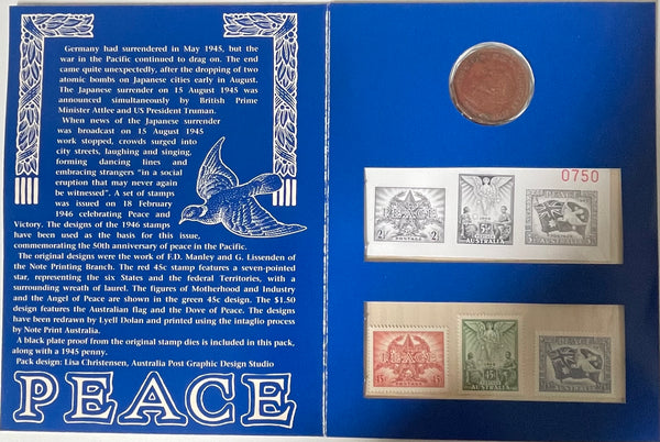 Australia 50th Anniversary of Peace in the Pacific Folder 1945 1d coin and 1995 Stamps