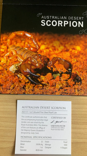 Australia 2023 $5 Coloured Proof Coin Desert Scorpion one ounce Silver Proof