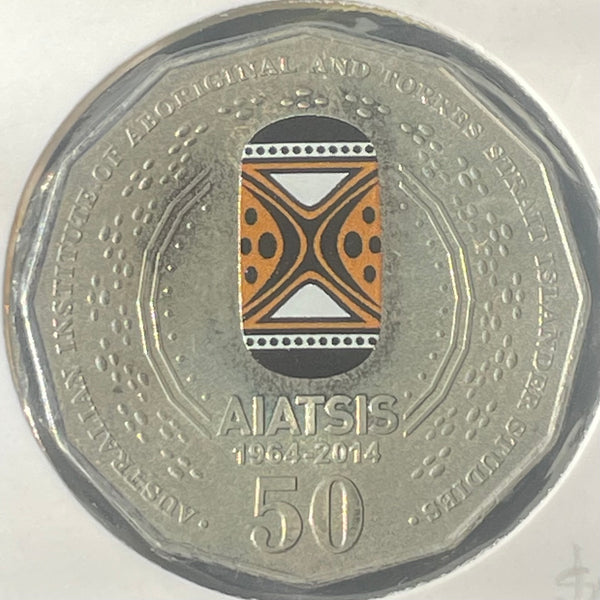 Australia 2014 Royal Australian Mint Fifty Cents 50c  50th Anniversary AIATSIS Coloured Coin in 2x2 mount