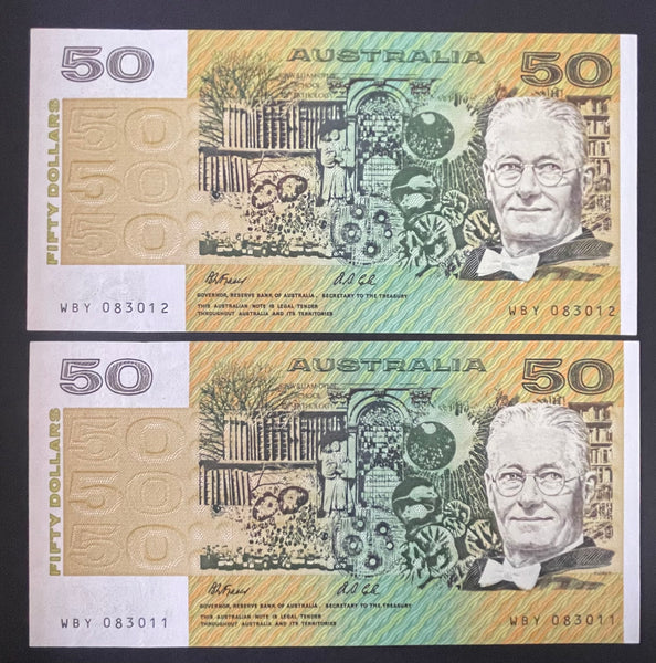 Australia 1991 $50 Fraser/Cole Banknote Uncirculated Pair R513a